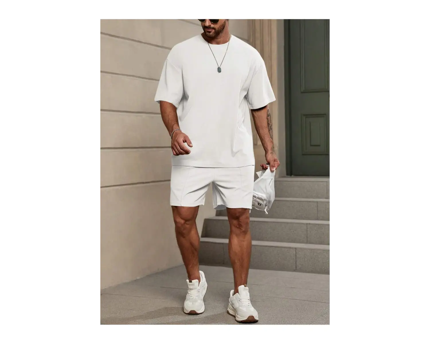 Manfinity Homme Loose Fit Erkek Düz Renk Düşük Omuzlu Tişört ve Şort