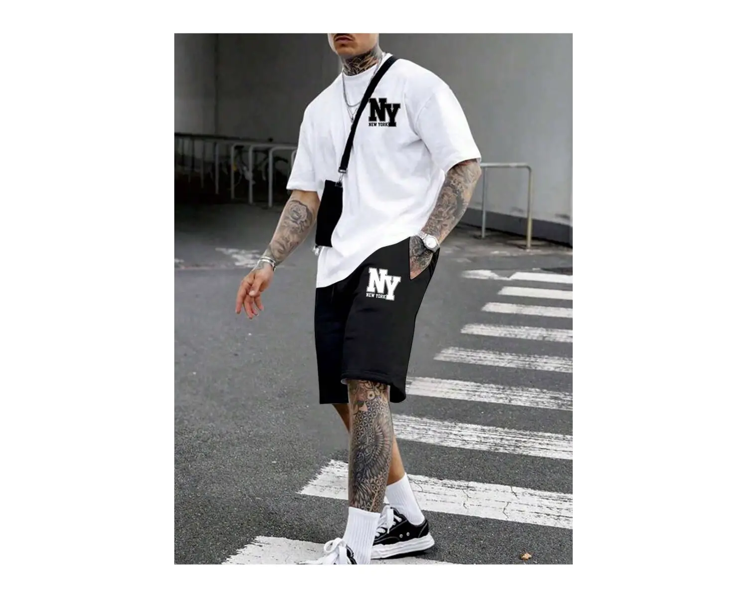 Manfinity Hypemode Erkek Yazlık Rahat Örme Kısa Kollu Tişört ve Şort Harf Baskılı