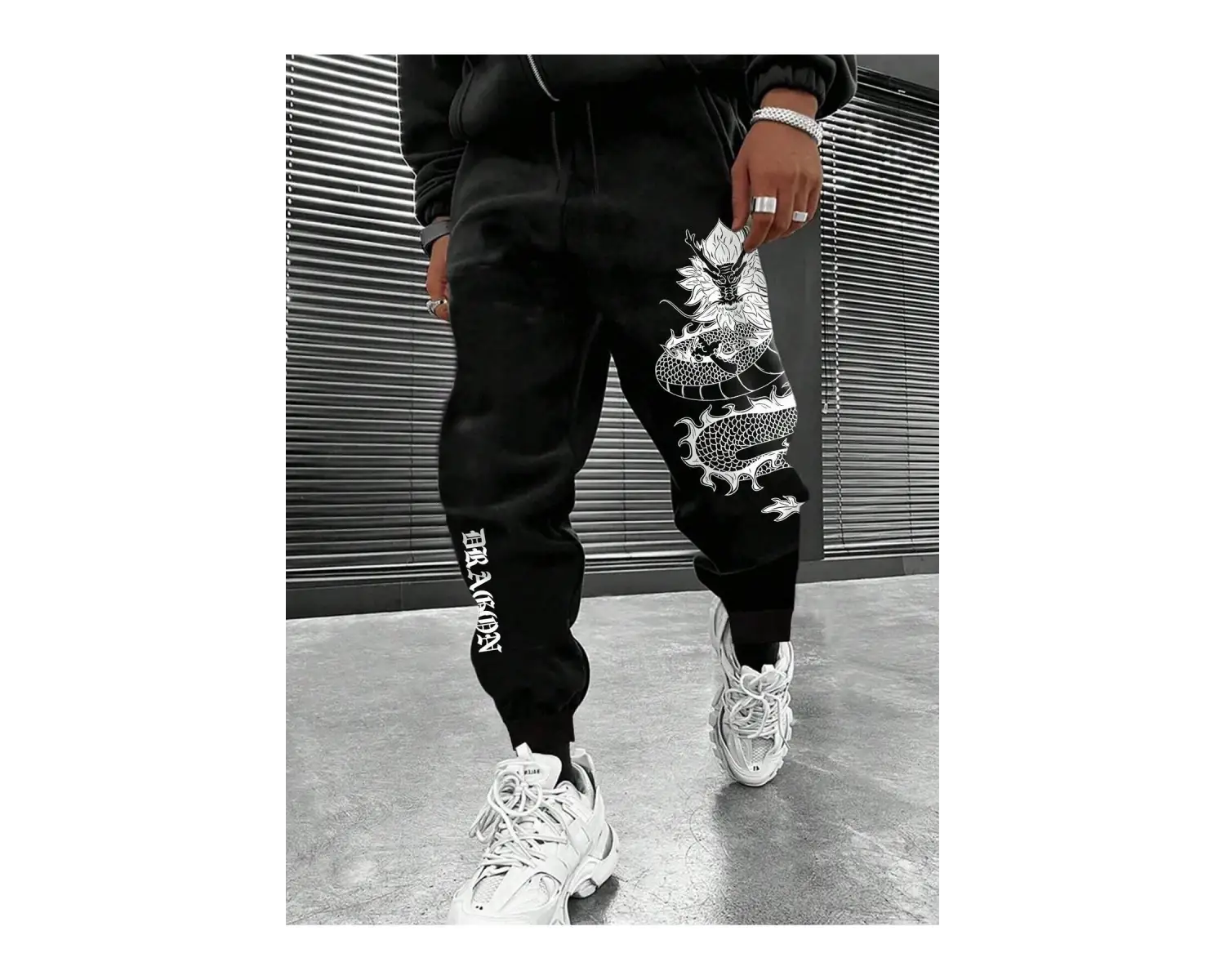 Manfinity Men Plus Çin Ejderha Baskılı Bel İpli Eşofman Altı