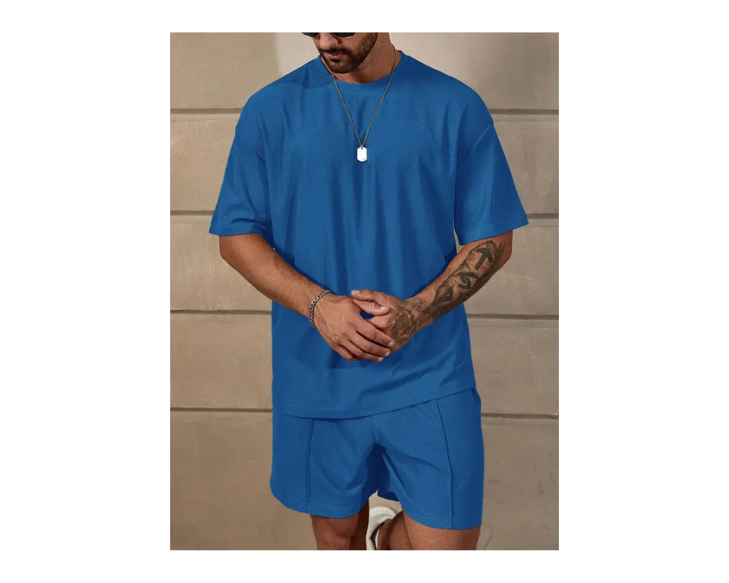 Manfinity RelaxMax Bol Kesim Erkek Düz Renk Düşük Omuz Tişört ve Şort Takımı