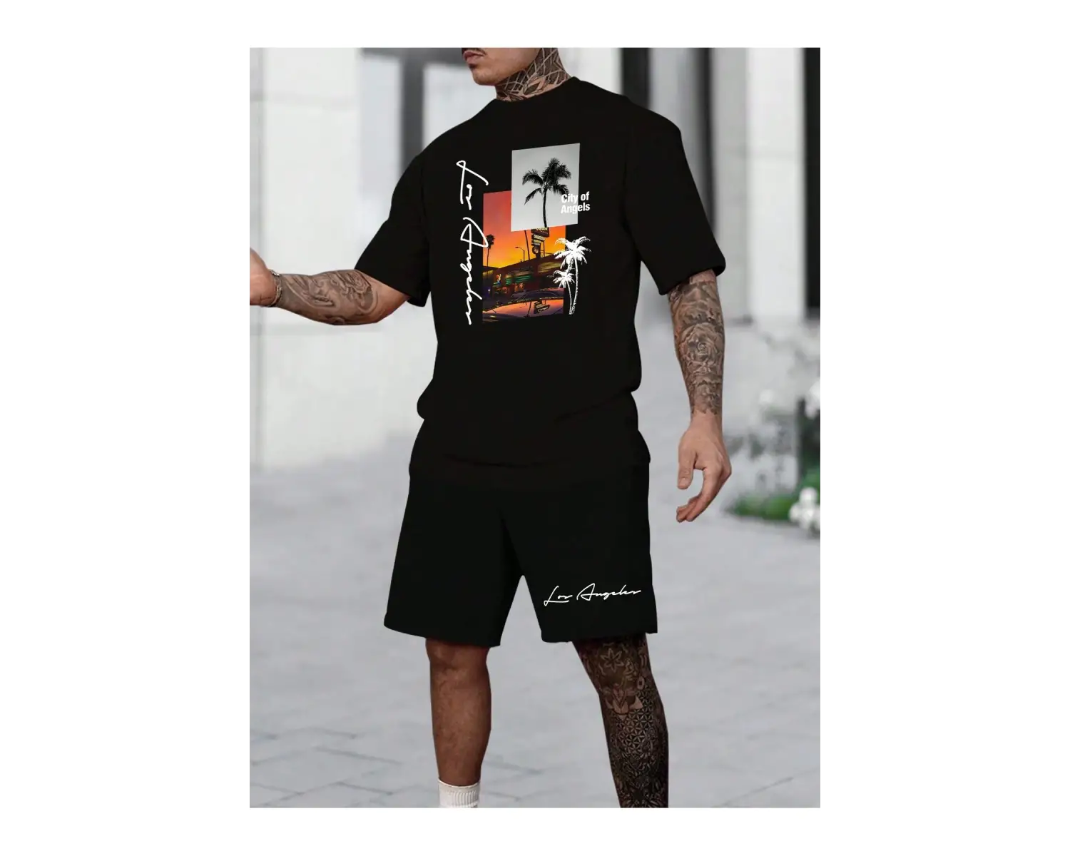 Manfinity RSRT Erkek Yaz Palmiye Ağacı Mektup Tişört Ve Şort Takımı