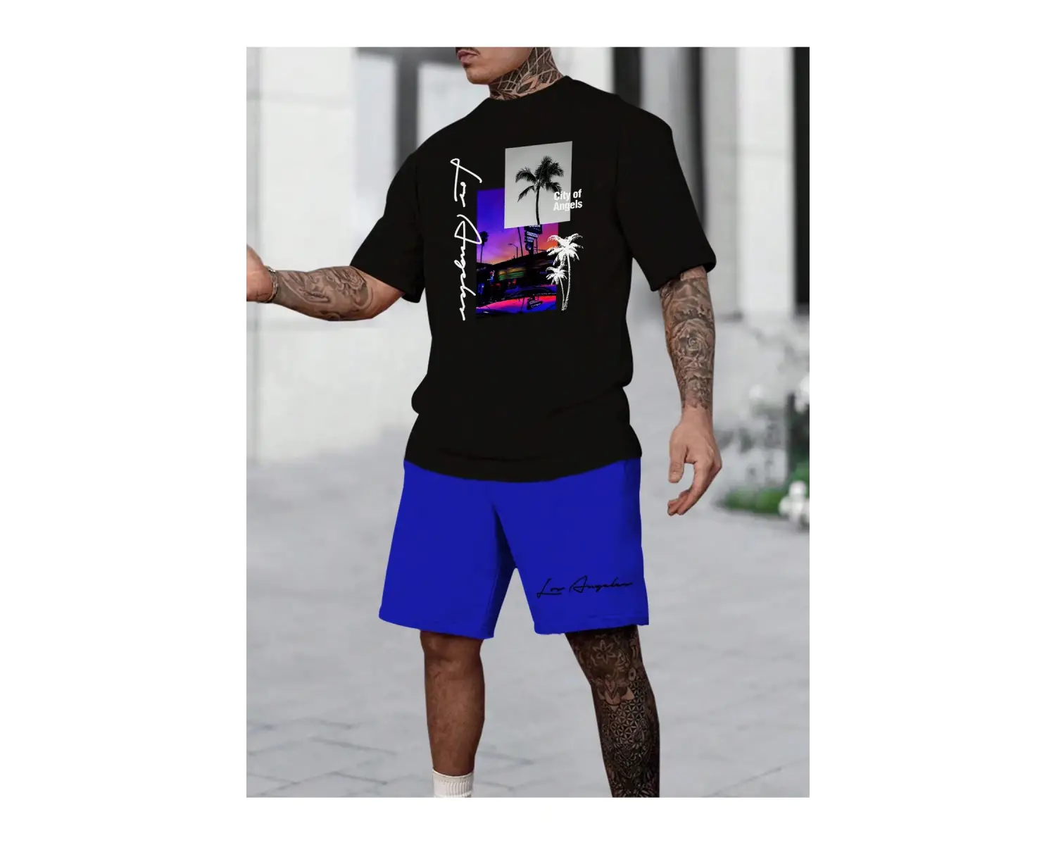 Manfinity RSRT Erkek Yaz Palmiye Ağacı Mektup Tişört Ve Şort Takımı