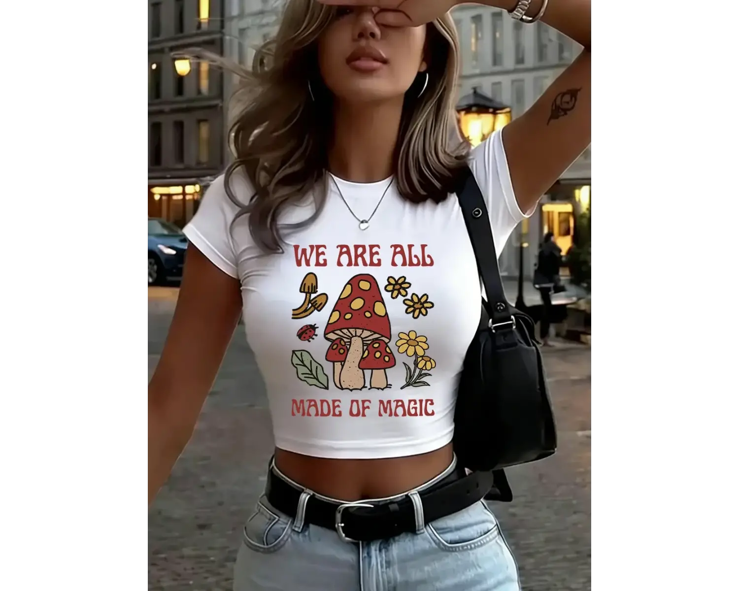 Mantar Hepimiz Sihirli Baskılarden Yapılmışız Kadın Babby TeeTişörtleri Yaz O-Yaka Üstleri Yüksek