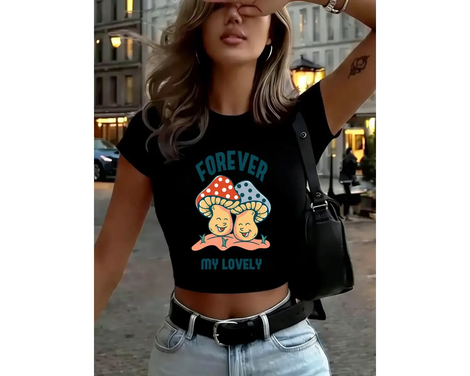 Mantar Kafatası Güzel Baskılı Bayan Kırpma Üstleri Yaz İnce O-Boyun Sokak Şıklığı Yumuşak Kıs