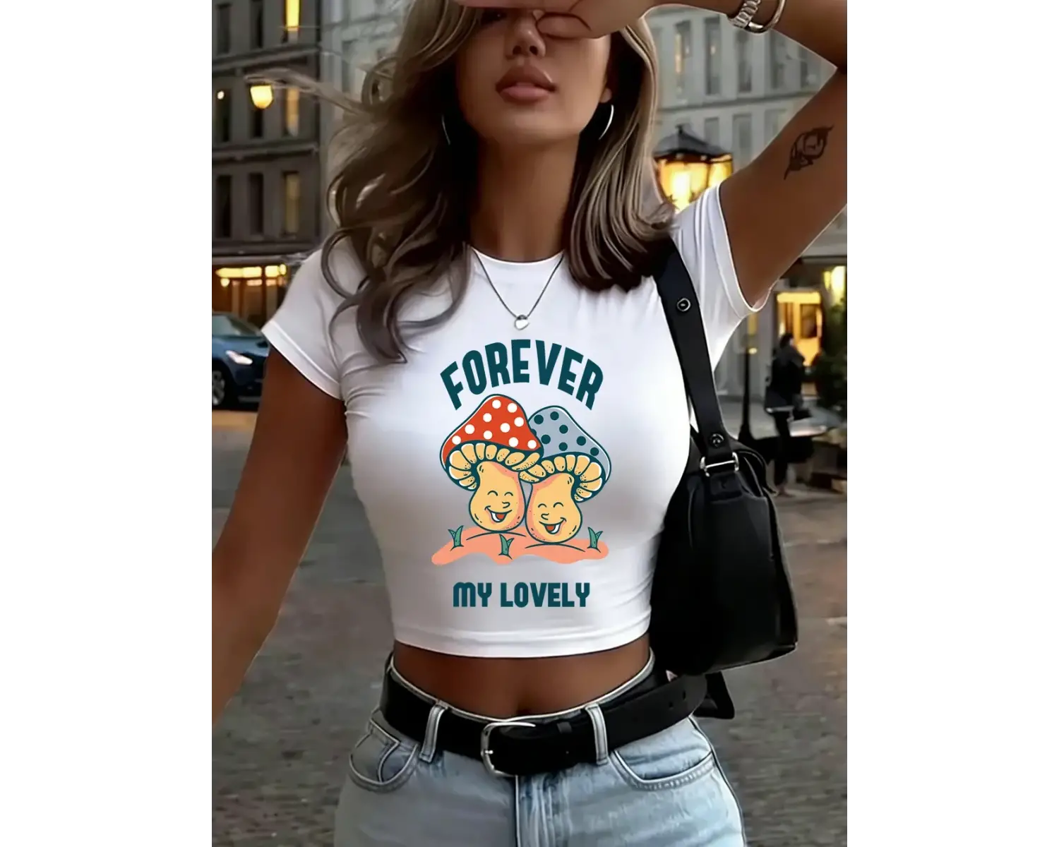 Mantar Kafatası Güzel Baskılı Bayan Kırpma Üstleri Yaz İnce O-Boyun Sokak Şıklığı Yumuşak Kıs