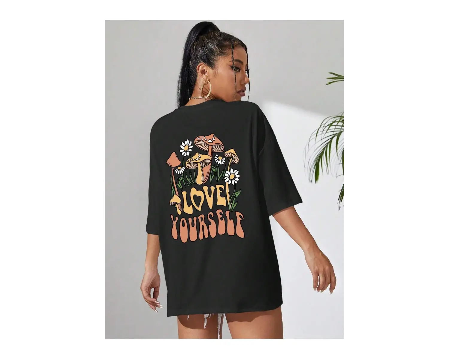 Mantar & Slogan Grafikli Düşük Omuzlu Tişört