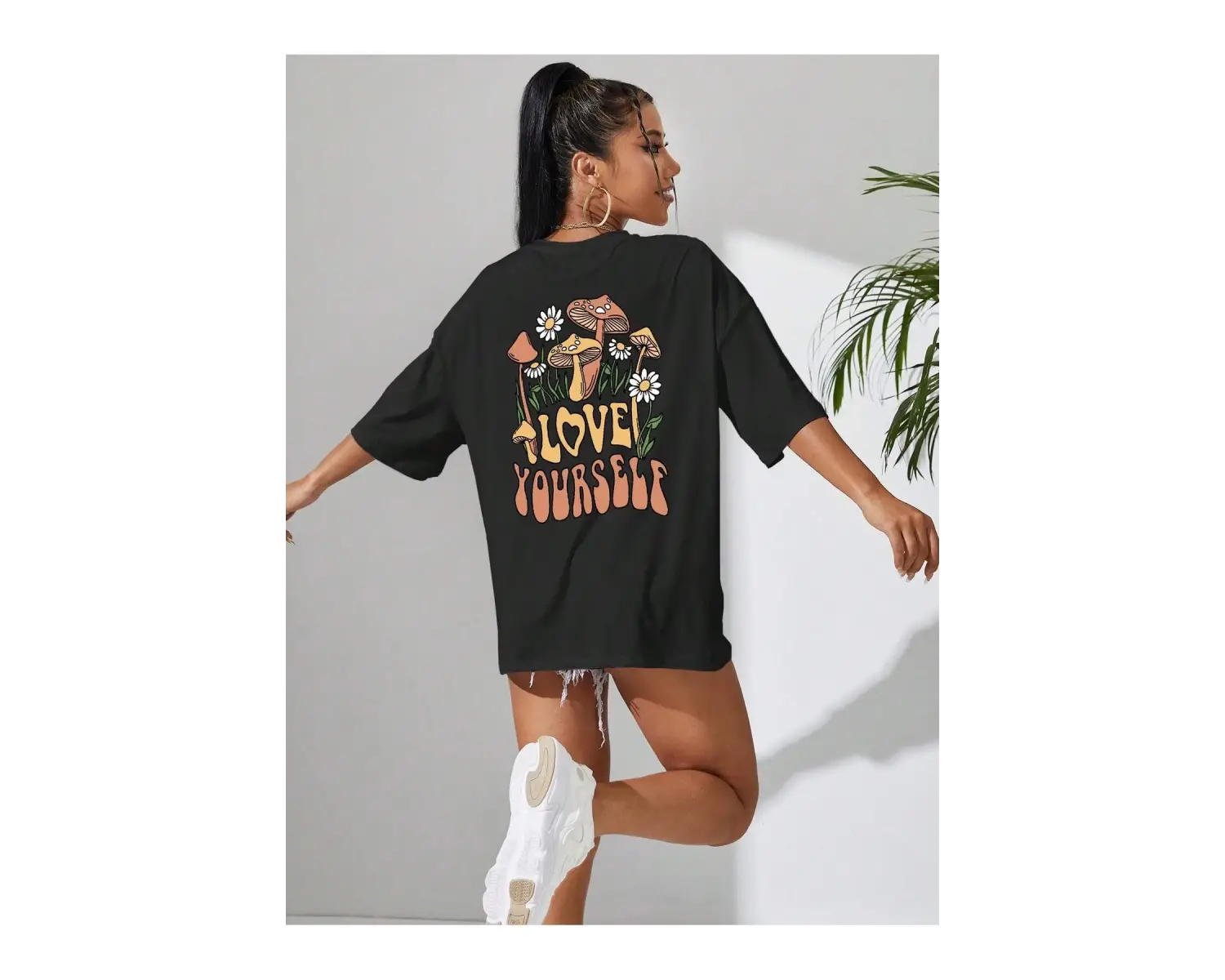 Mantar & Slogan Grafikli Düşük Omuzlu Tişört