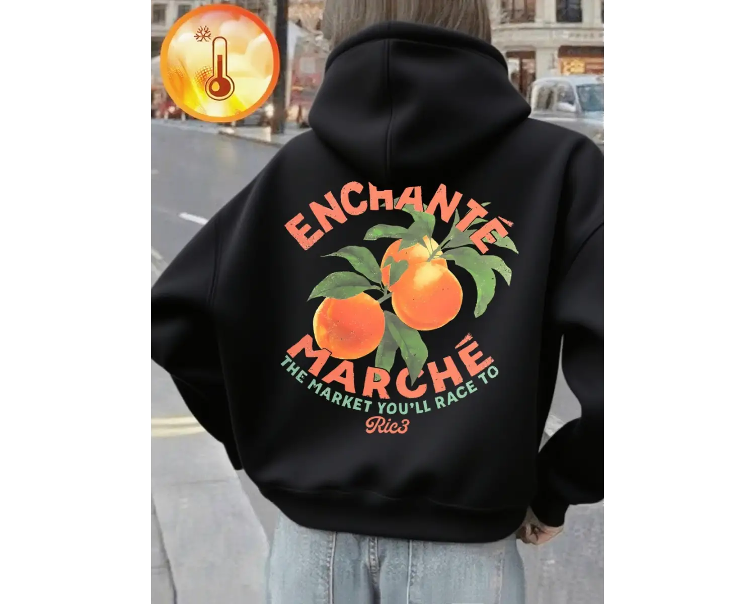 Marche Oranges Market Baskılı Kapüşonlu Üstler Kadınlar İçin Basit Cepli Kazak Kışlık Polar S