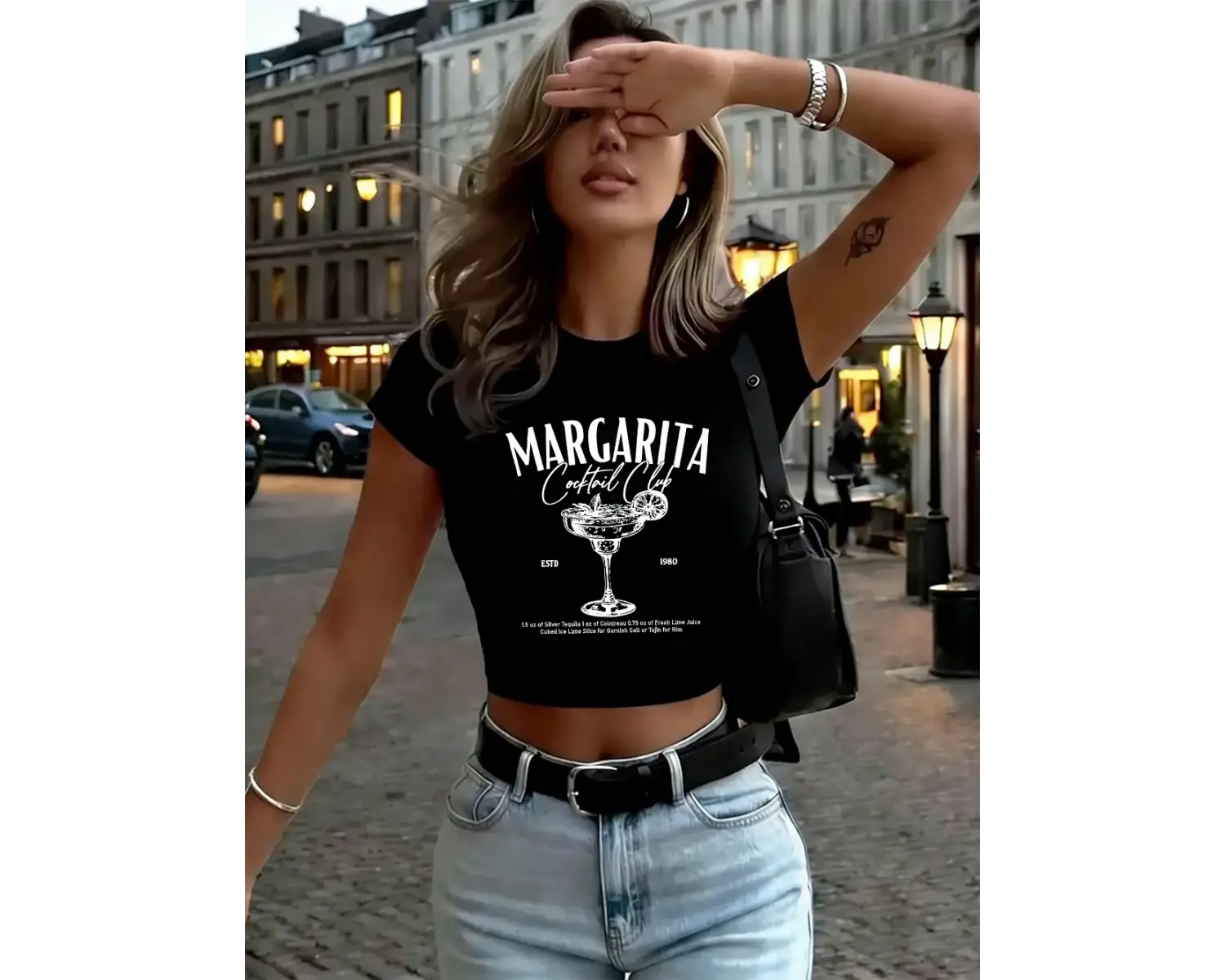 Margarita Cocktail Club Baskı Bayan Babby TeeT-Shirt Yaz Yüksek Elastik O-Boyun Üstleri Y2K İnce