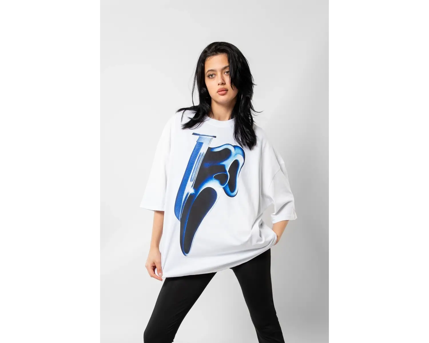 Mask Baskılı Beyaz Unisex Oversize