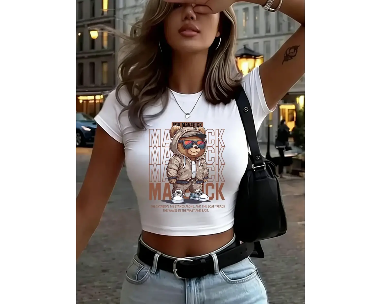 Maverick Sport Bear Baskılı Kadın Babby Tees Yaz İnce O-Boyun Tişörtleri Yumuşak Kısa Kollu T
