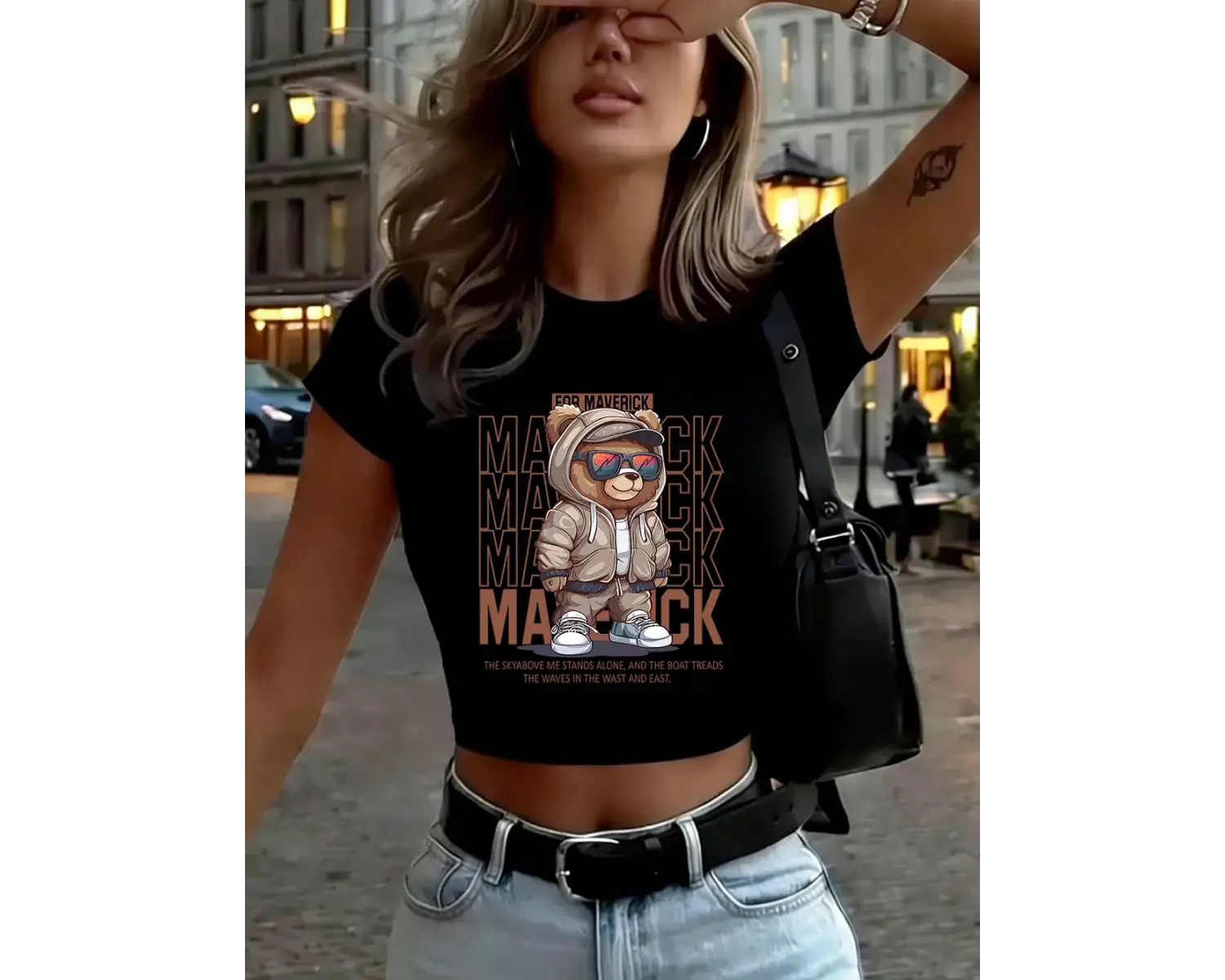 Maverick Sport Bear Baskılı Kadın Babby Tees Yaz İnce O-Boyun Tişörtleri Yumuşak Kısa Kollu T