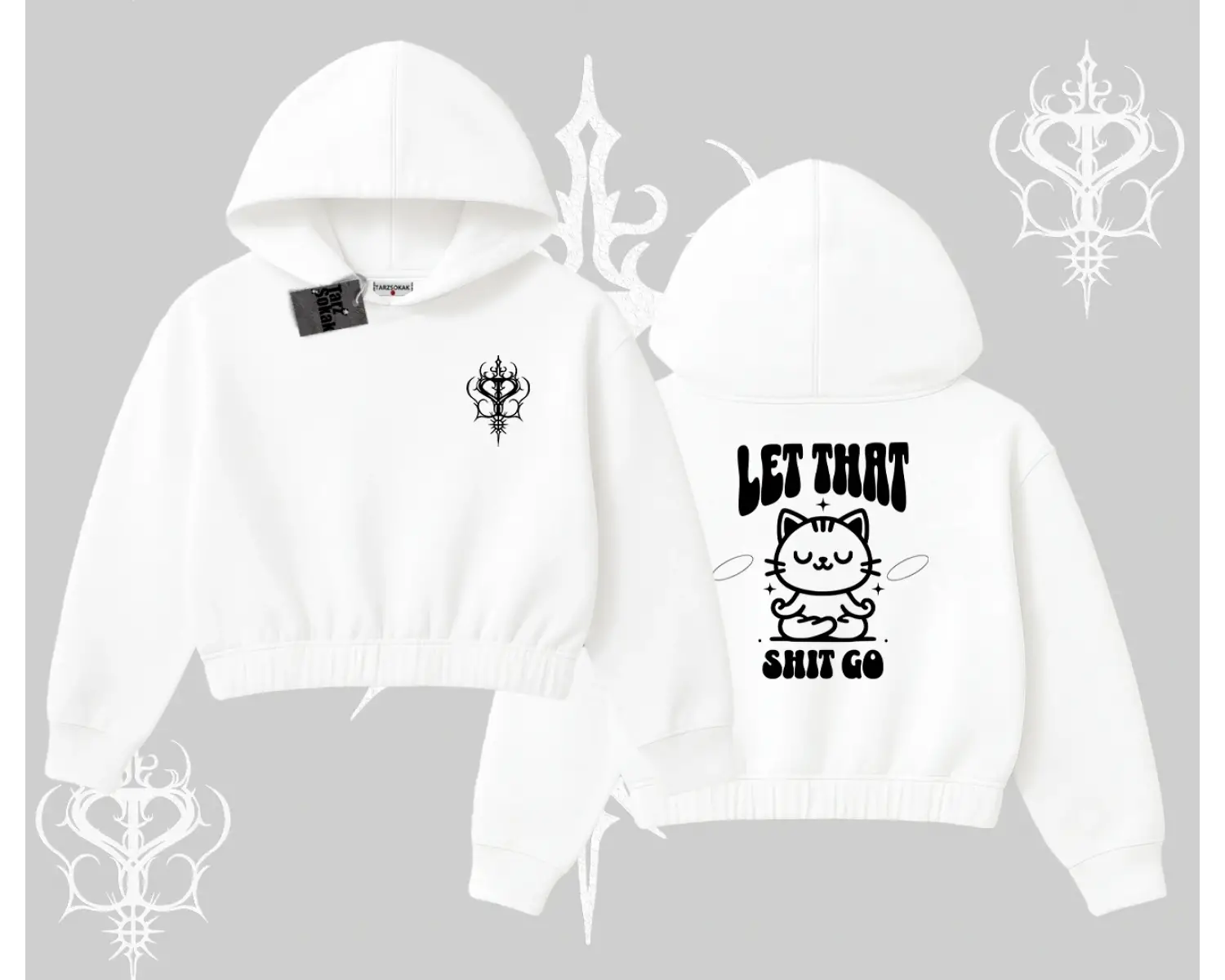 Meditasyon Yapan Kedi Baskılı Kapşonlu Crop Sweatshirt