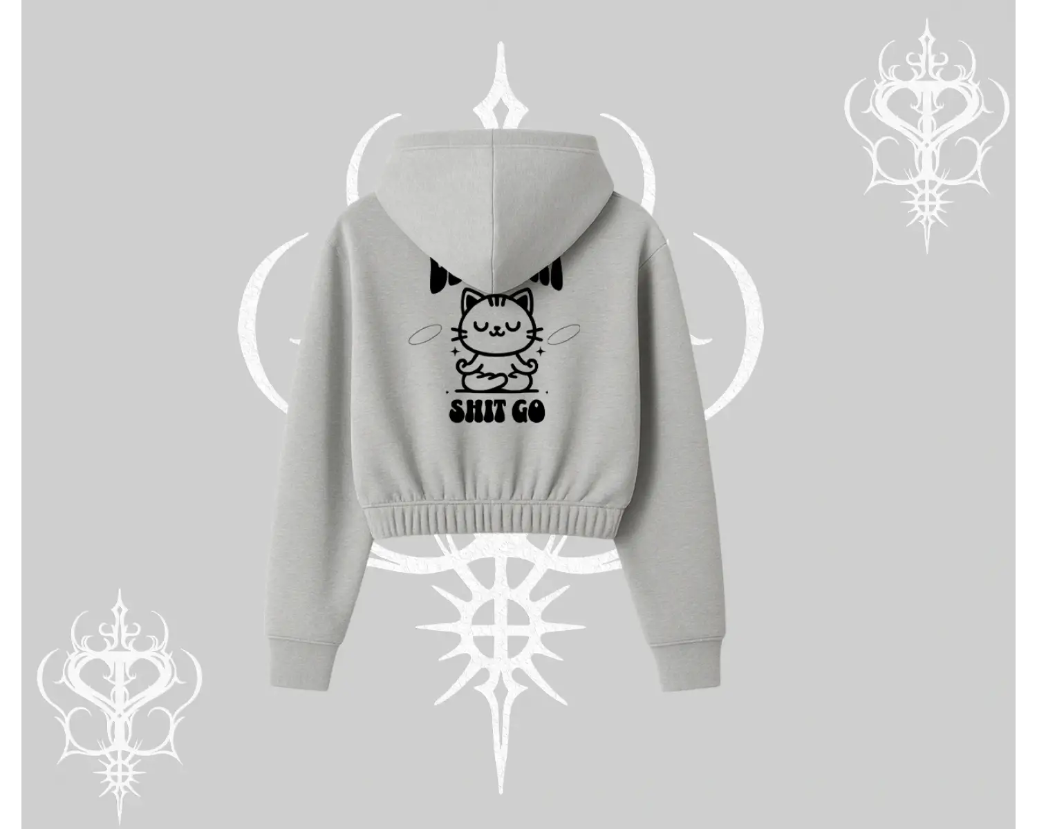 Meditasyon Yapan Kedi Baskılı Kapşonlu Crop Sweatshirt