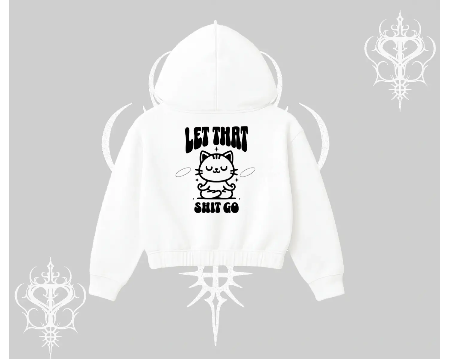 Meditasyon Yapan Kedi Baskılı Kapşonlu Crop Sweatshirt