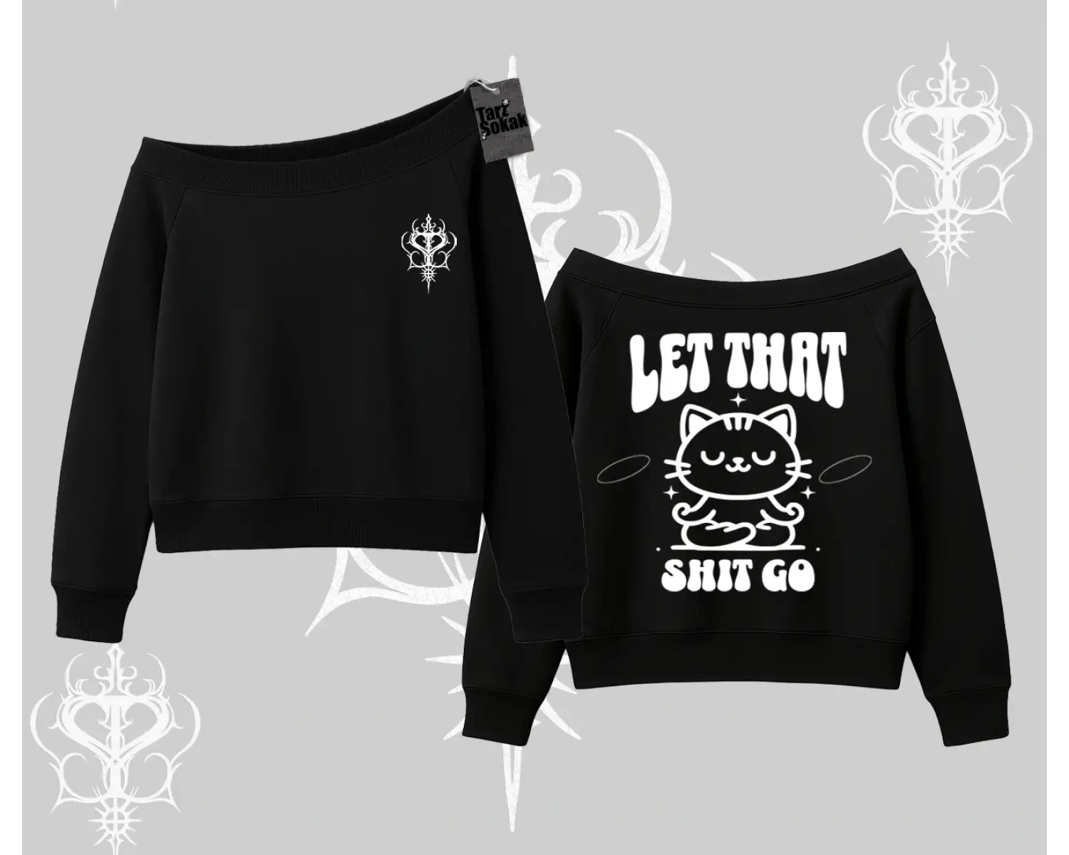 Meditasyon Yapan Kedi Baskılı Kayık Yaka Sweatshirt