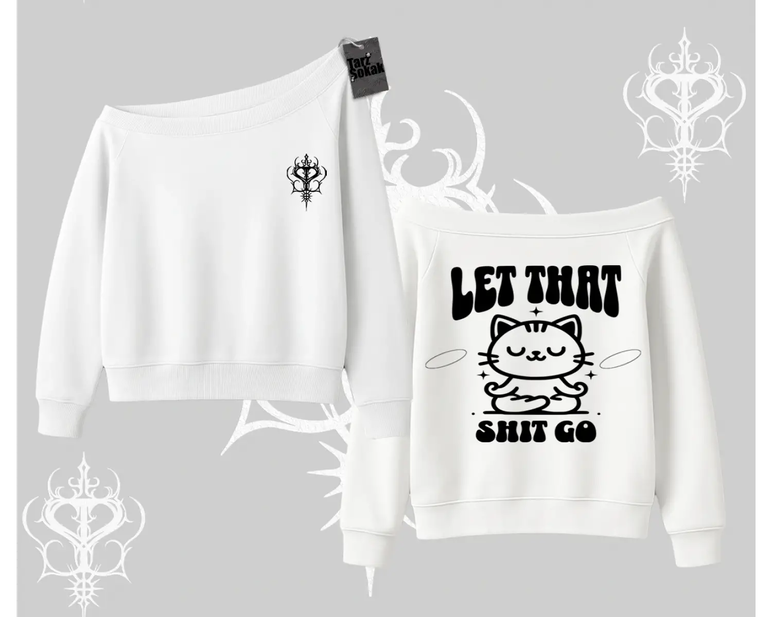 Meditasyon Yapan Kedi Baskılı Kayık Yaka Sweatshirt