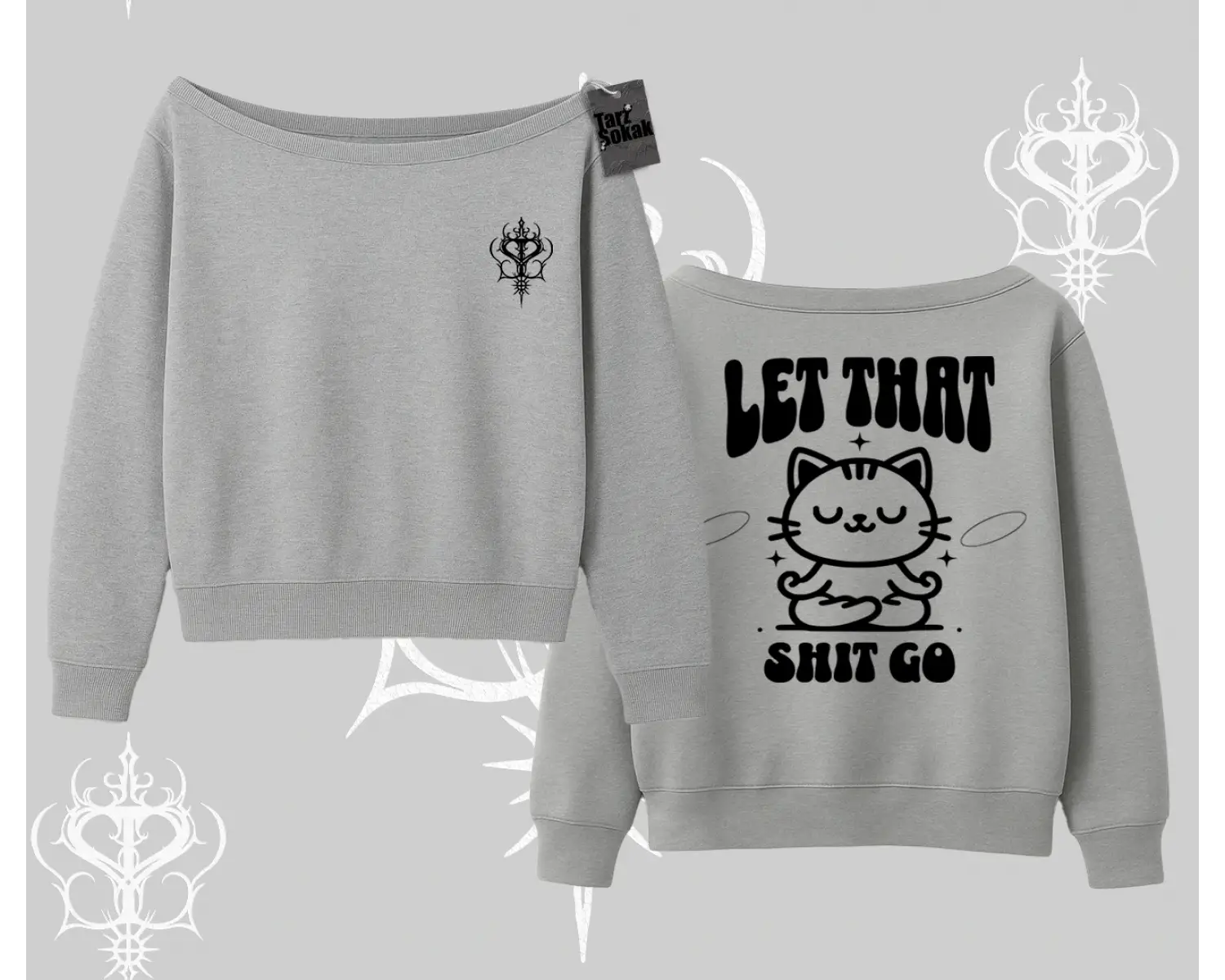 Meditasyon Yapan Kedi Baskılı Kayık Yaka Sweatshirt