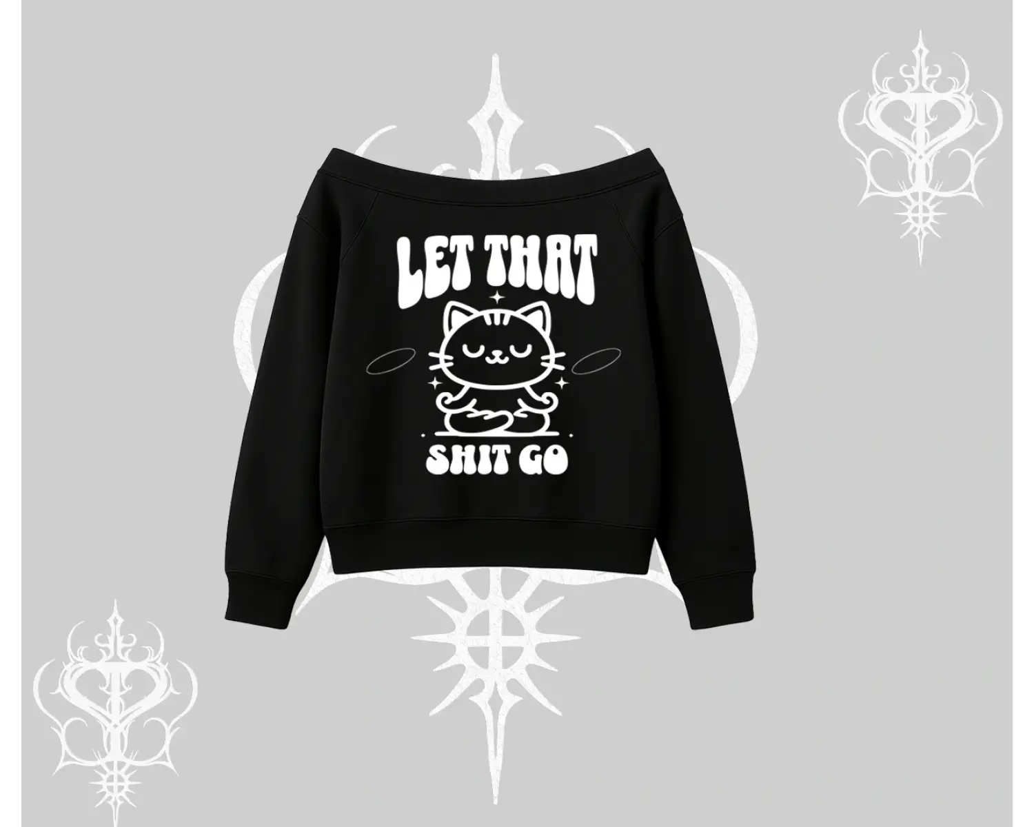 Meditasyon Yapan Kedi Baskılı Kayık Yaka Sweatshirt