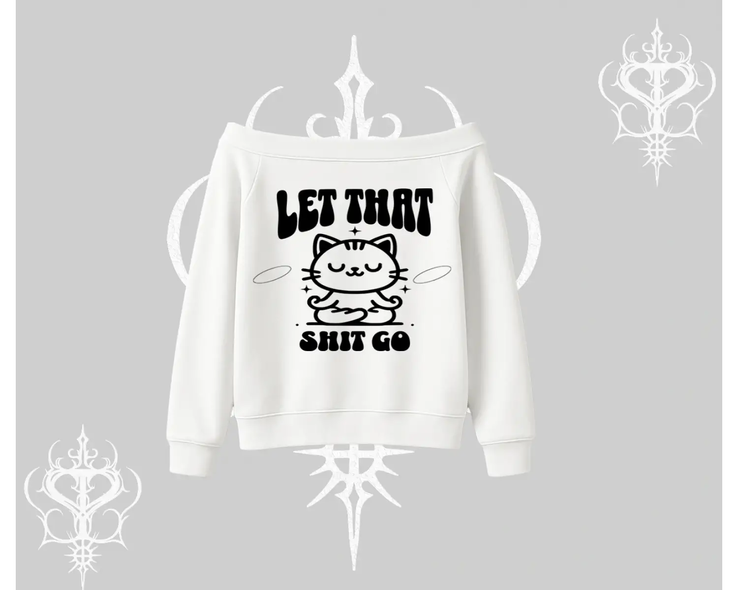 Meditasyon Yapan Kedi Baskılı Kayık Yaka Sweatshirt