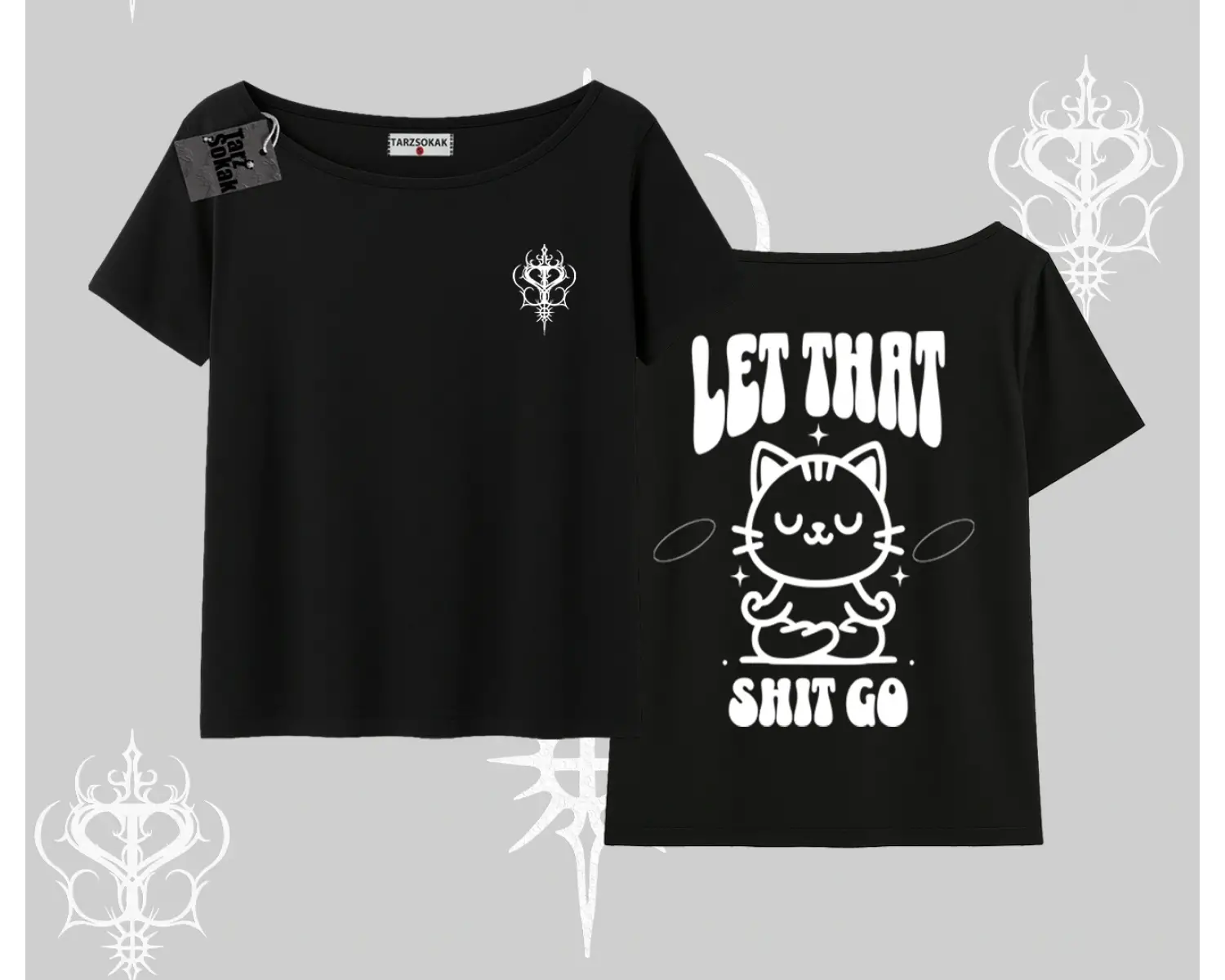 Meditasyon Yapan Kedi Baskılı Kayık Yaka Tshirt