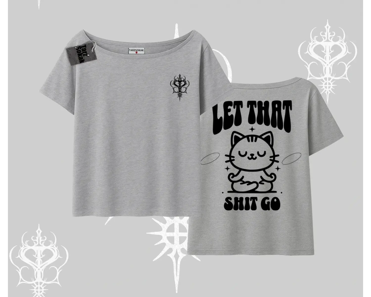 Meditasyon Yapan Kedi Baskılı Kayık Yaka Tshirt