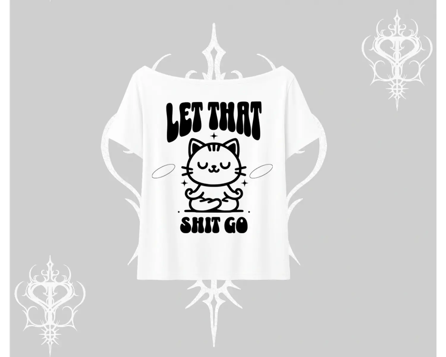 Meditasyon Yapan Kedi Baskılı Kayık Yaka Tshirt