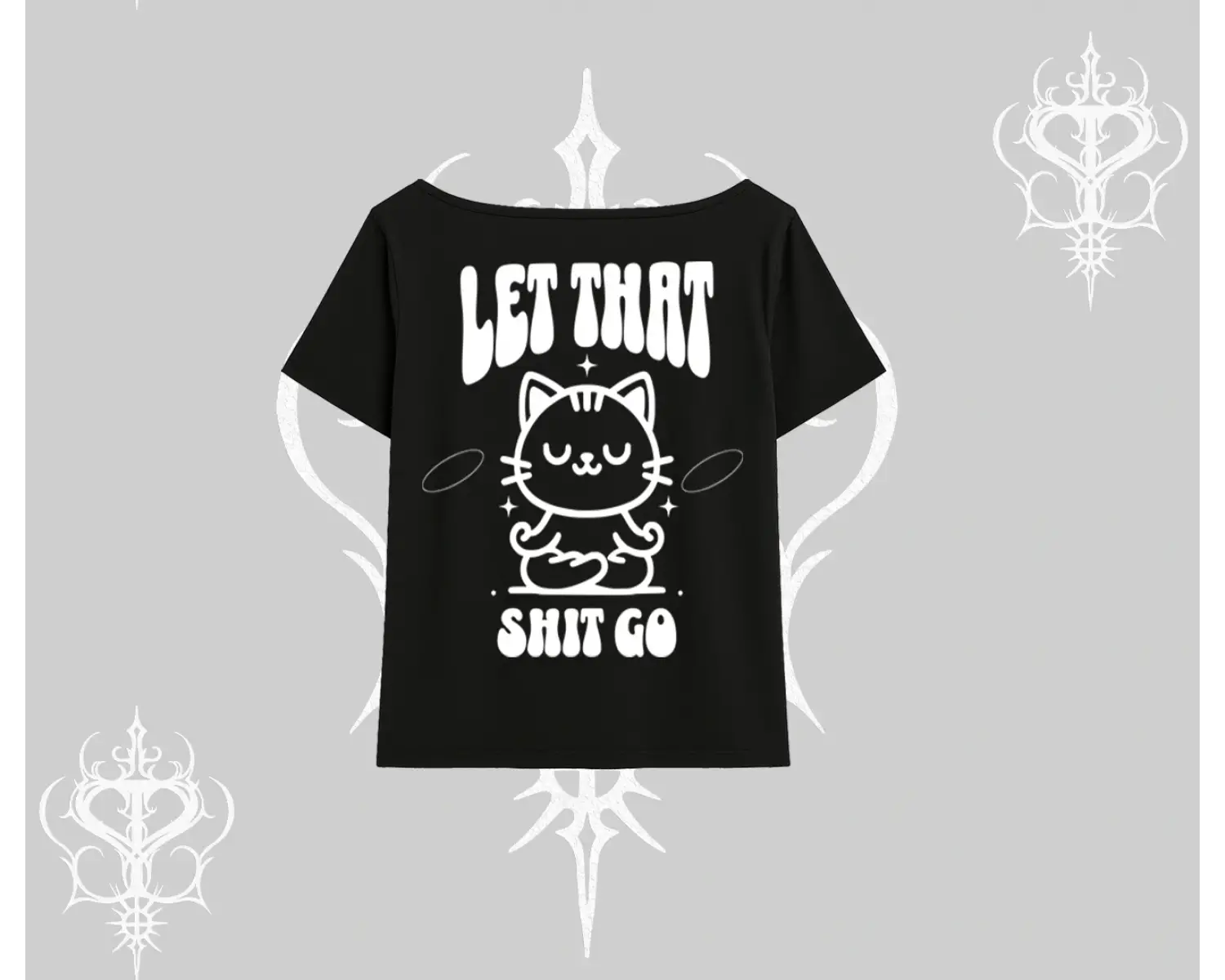 Meditasyon Yapan Kedi Baskılı Kayık Yaka Tshirt