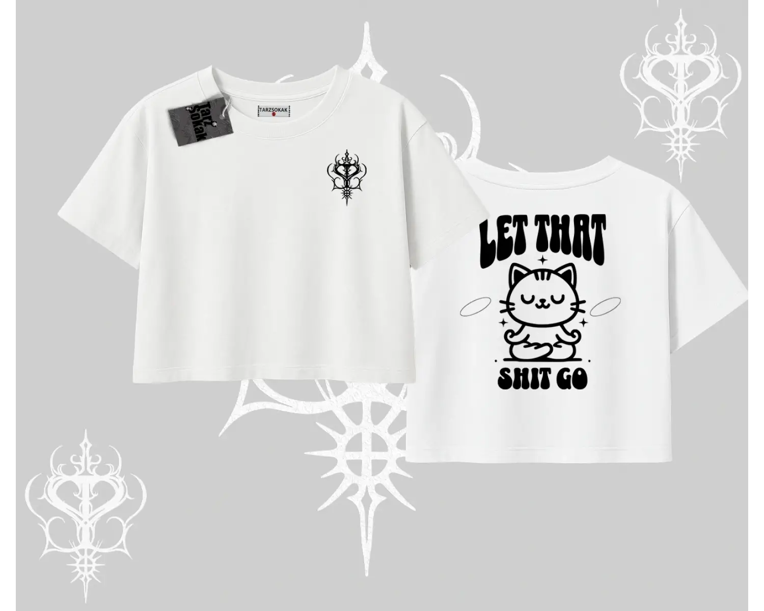 Meditasyon Yapan Kedi Baskılı Oversize Crop Tshirt