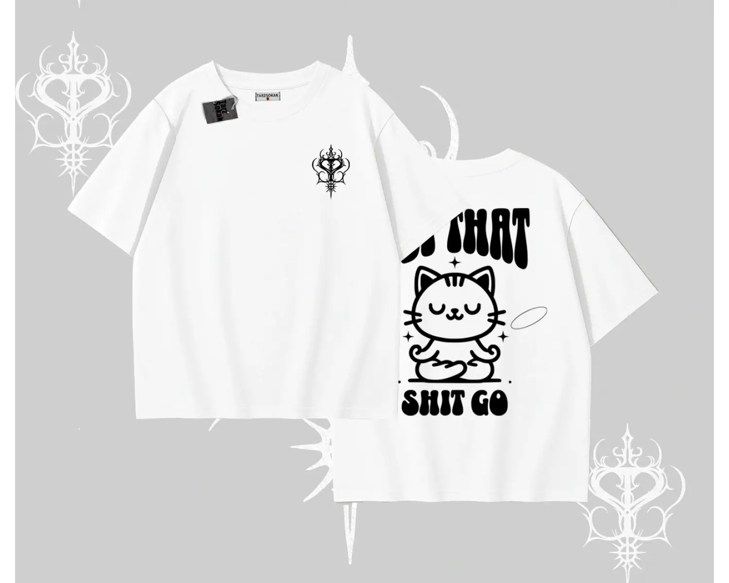 Meditasyon Yapan Kedi Baskılı Oversize Tshirt