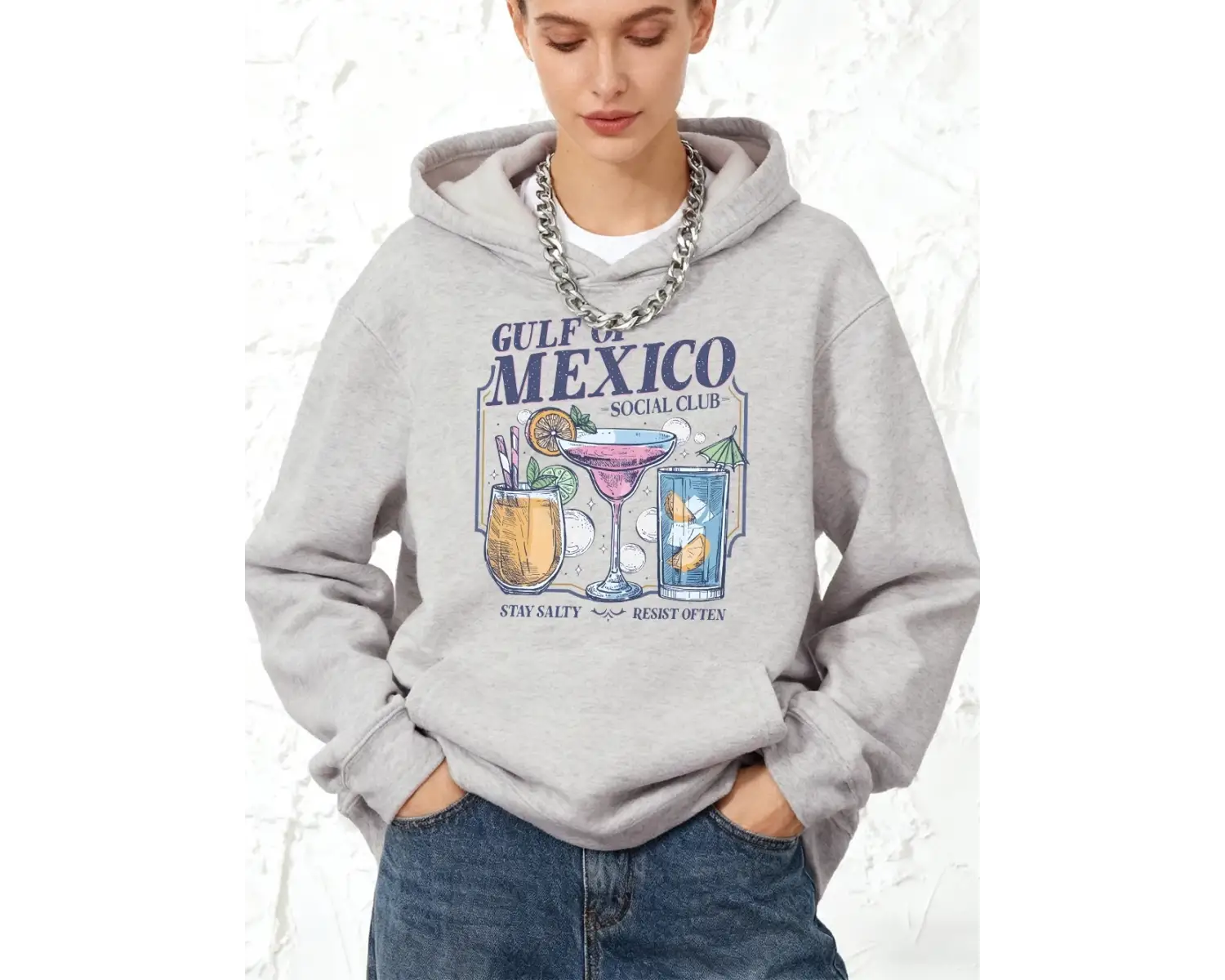 Meksika Körfezi Sosyal Kulübü Baskılar Pamuklu Kapüşonlu Üst Kadın Sportif Gevşek Kazaklar Kı