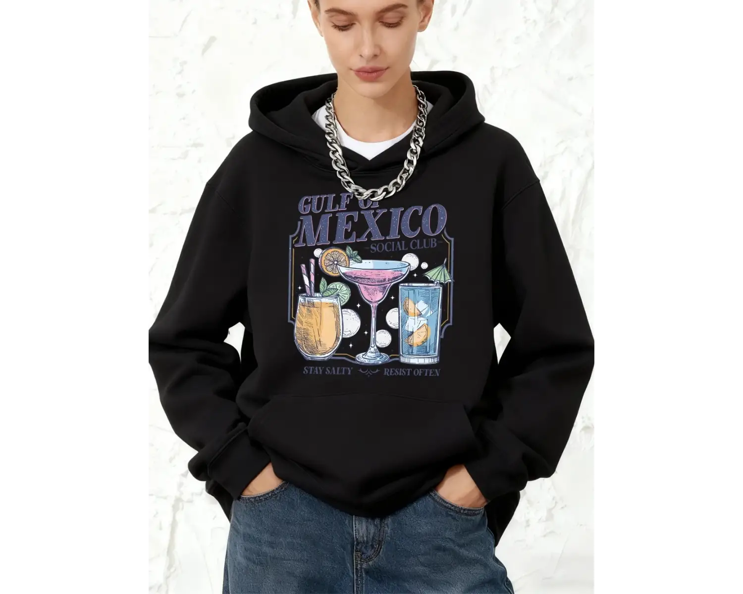 Meksika Körfezi Sosyal Kulübü Baskılar Pamuklu Kapüşonlu Üst Kadın Sportif Gevşek Kazaklar Kı