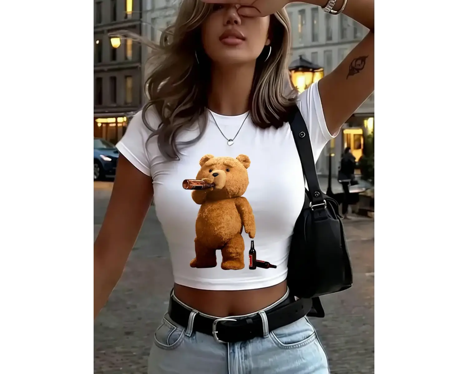 Melankolik Ayı İçme Baskılar Kadın Kırpma T-Shirt Yaz Yumuşak Yüksek Elastik Üstler O-Boyun K