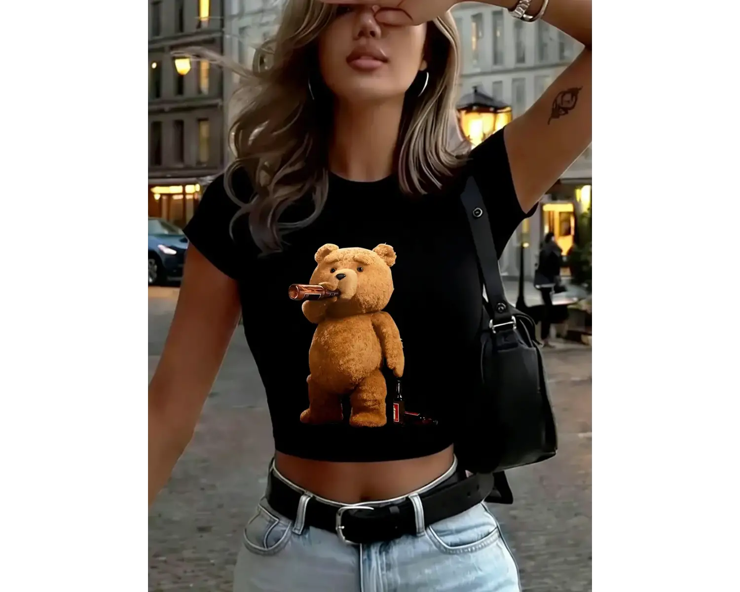 Melankolik Ayı İçme Baskılar Kadın Kırpma T-Shirt Yaz Yumuşak Yüksek Elastik Üstler O-Boyun K