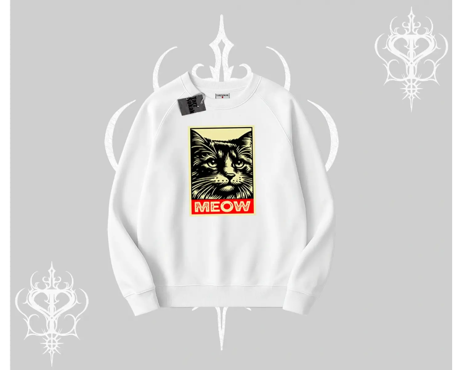 Meow Yazılı Kedi Portre Baskılı Biskilet Sweatshirt