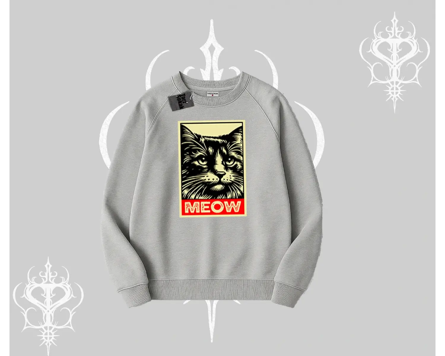 Meow Yazılı Kedi Portre Baskılı Biskilet Sweatshirt