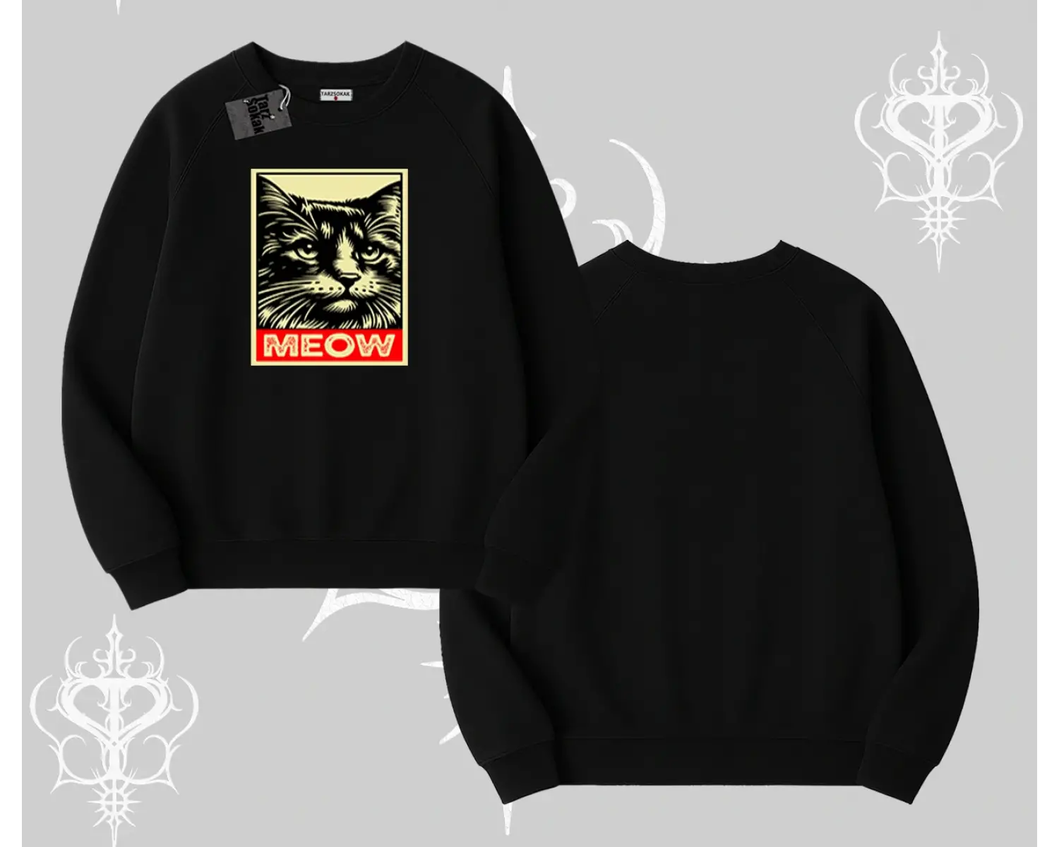 Meow Yazılı Kedi Portre Baskılı Biskilet Sweatshirt