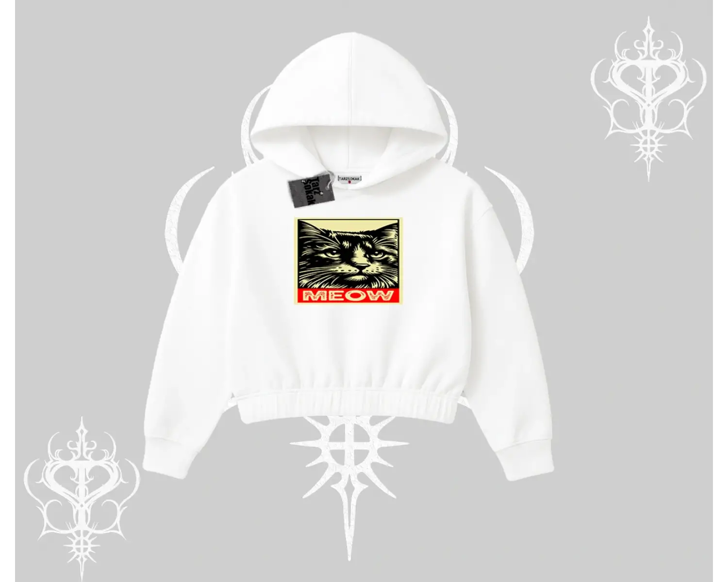 Meow Yazılı Kedi Portre Baskılı Kapşonlu Crop Sweatshirt