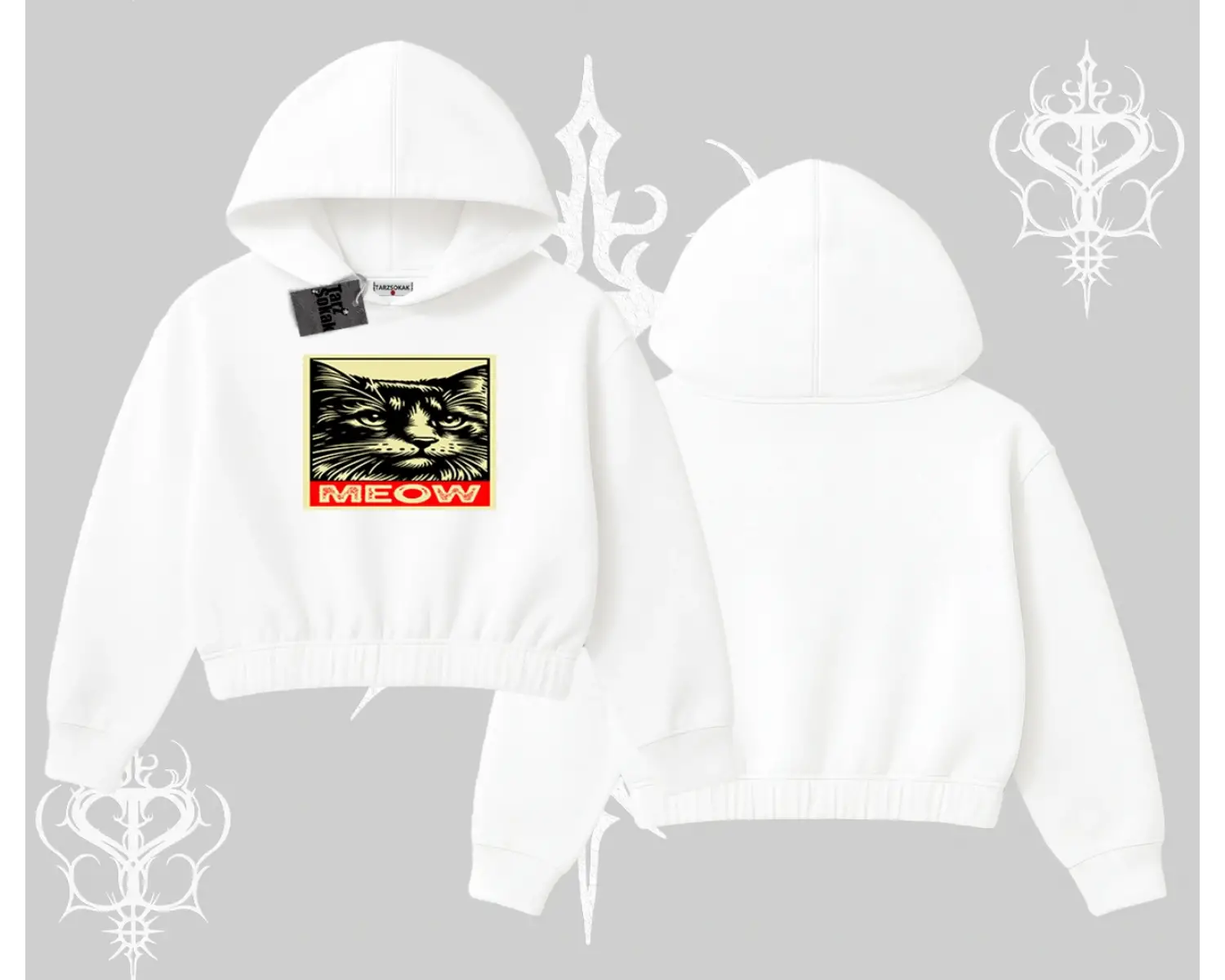 Meow Yazılı Kedi Portre Baskılı Kapşonlu Crop Sweatshirt