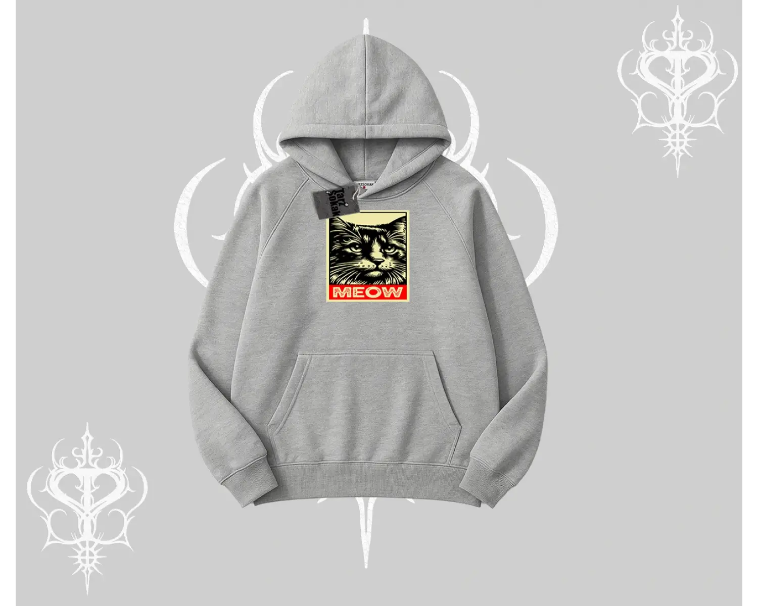 Meow Yazılı Kedi Portre Baskılı Kapşonlu Sweatshirt