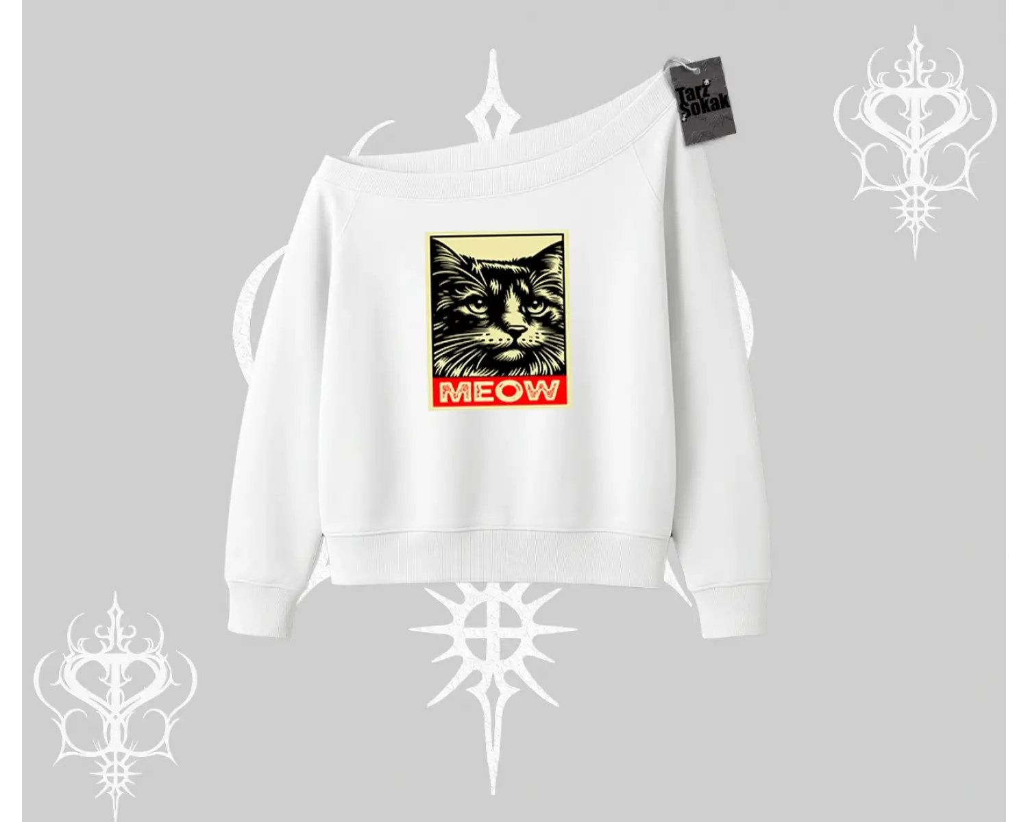 Meow Yazılı Kedi Portre Baskılı Kayık Yaka Sweatshirt
