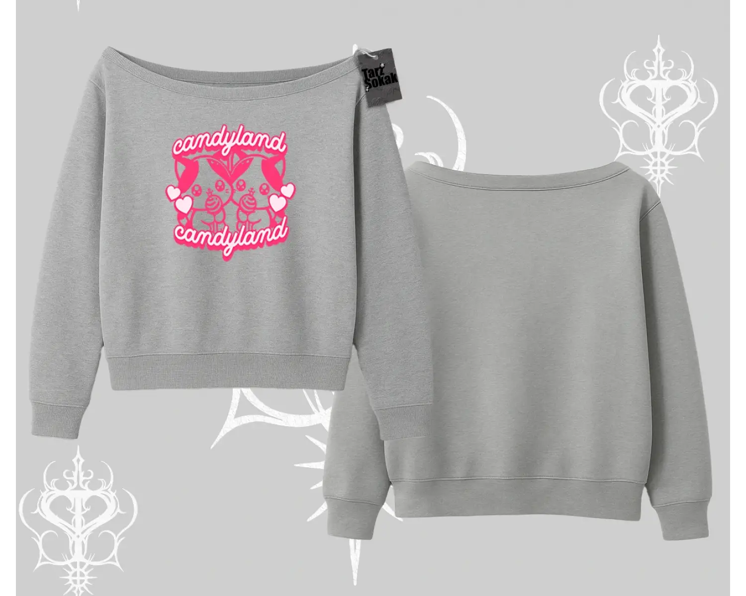 Meow Yazılı Kedi Portre Baskılı Kayık Yaka Sweatshirt