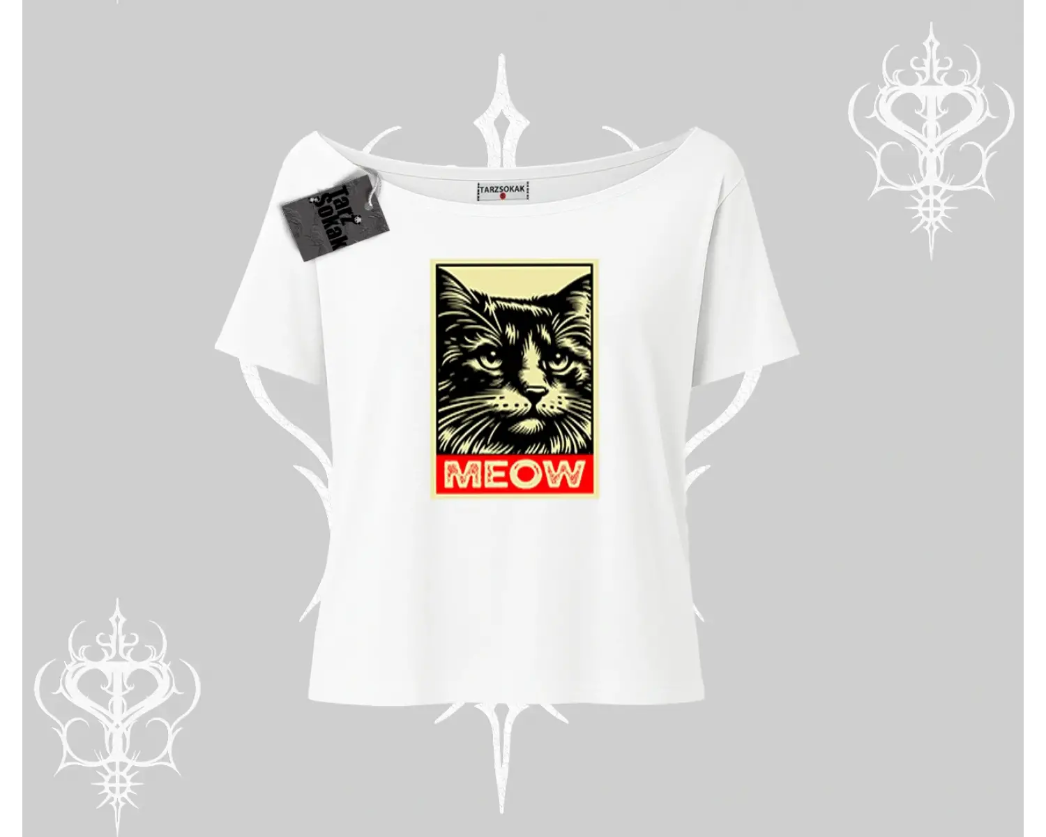 Meow Yazılı Kedi Portre Baskılı Kayık Yaka Tshirt