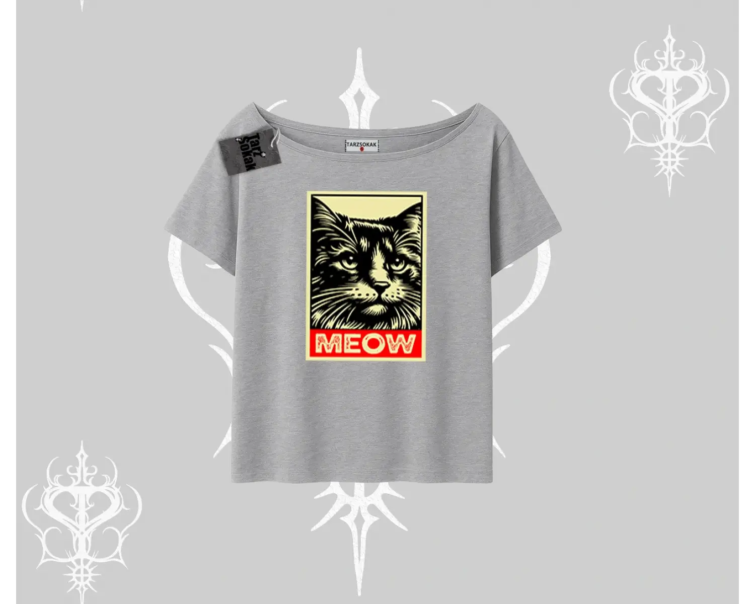 Meow Yazılı Kedi Portre Baskılı Kayık Yaka Tshirt