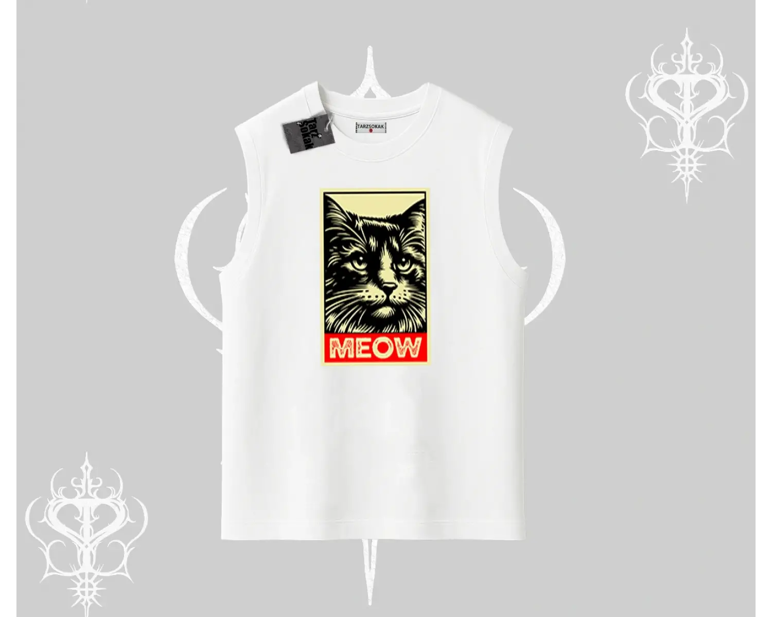 Meow Yazılı Kedi Portre Baskılı Kolsuz Tshirt