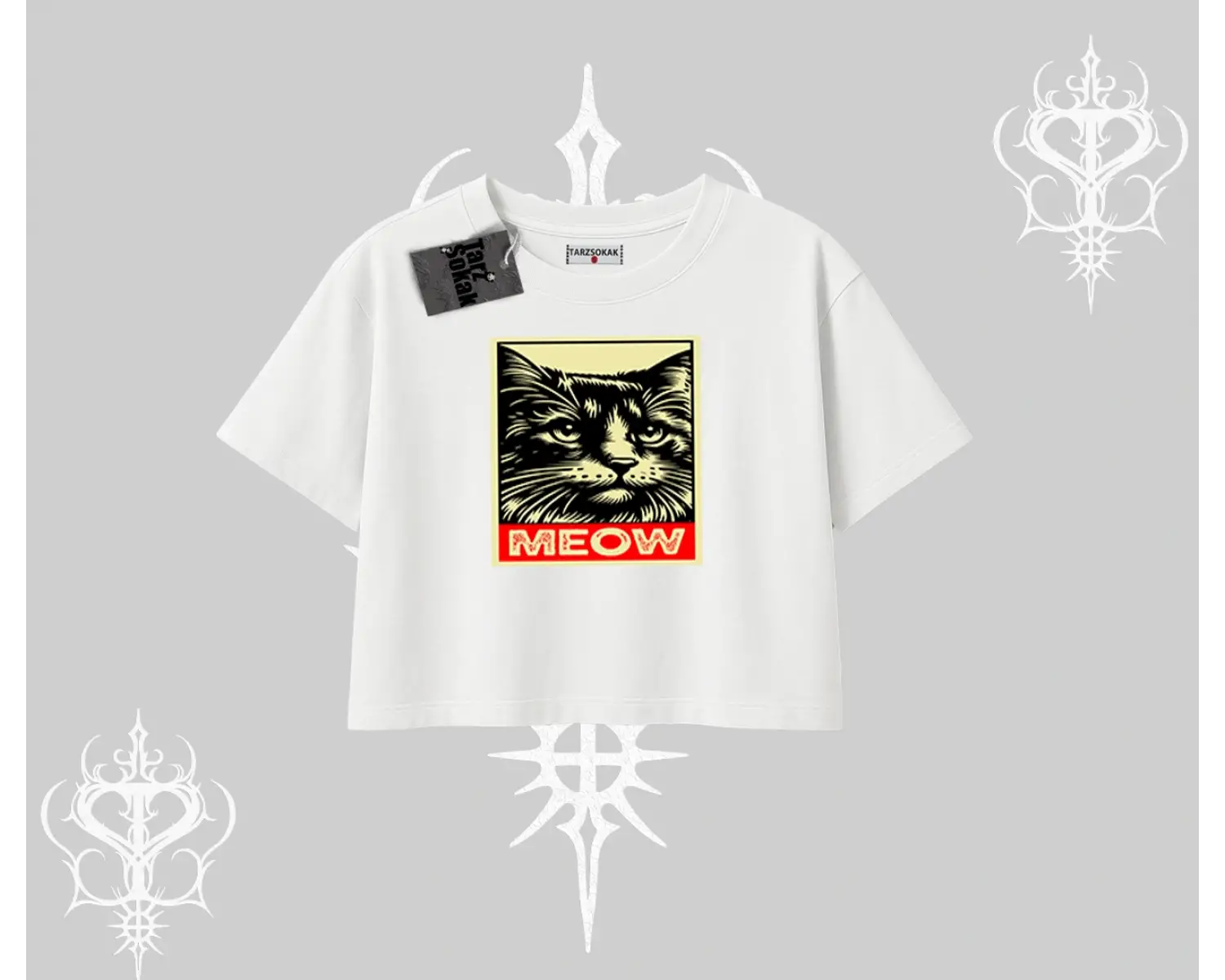 Meow Yazılı Kedi Portre Baskılı Oversize Crop Tshirt