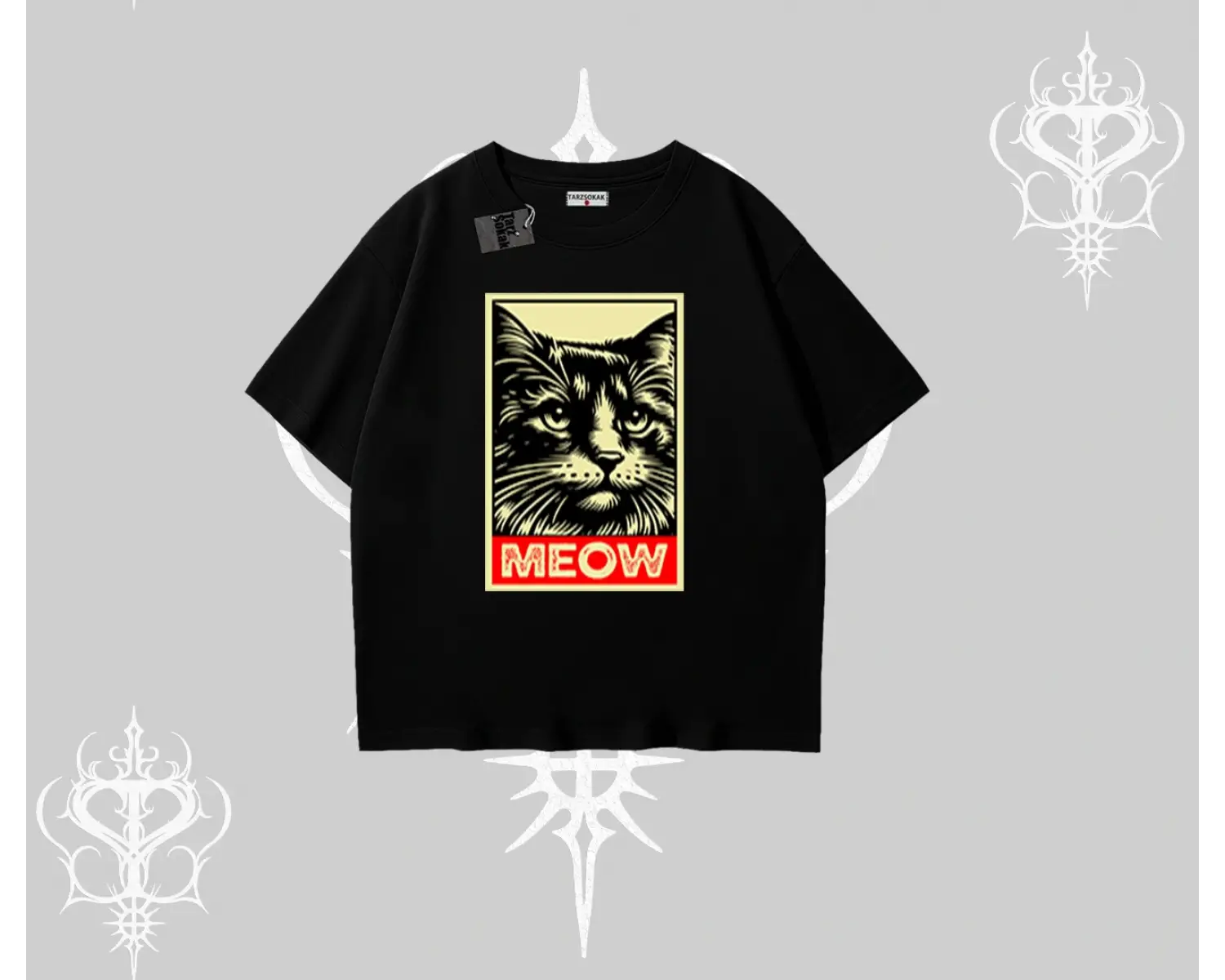 Meow Yazılı Kedi Portre Baskılı Oversize Tshirt