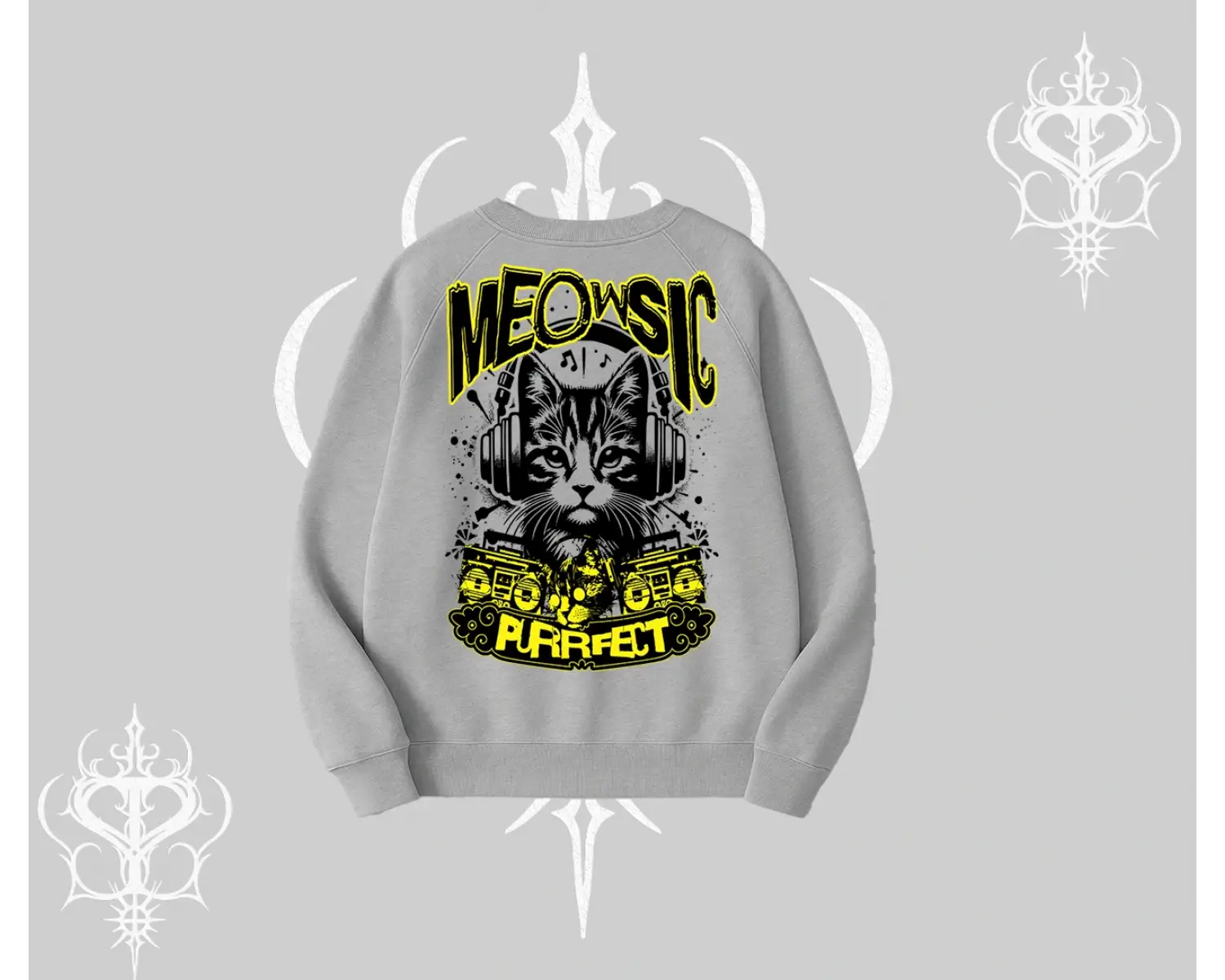 Meowsic Purrfect Kedi Arka Baskılı Biskilet Sweatshirt