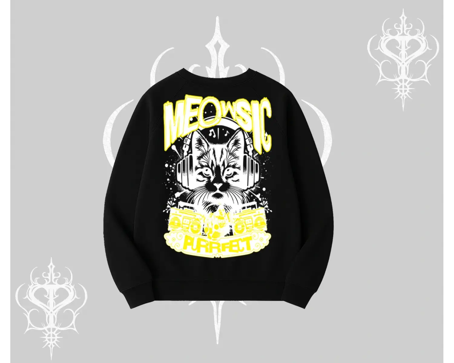 Meowsic Purrfect Kedi Arka Baskılı Biskilet Sweatshirt