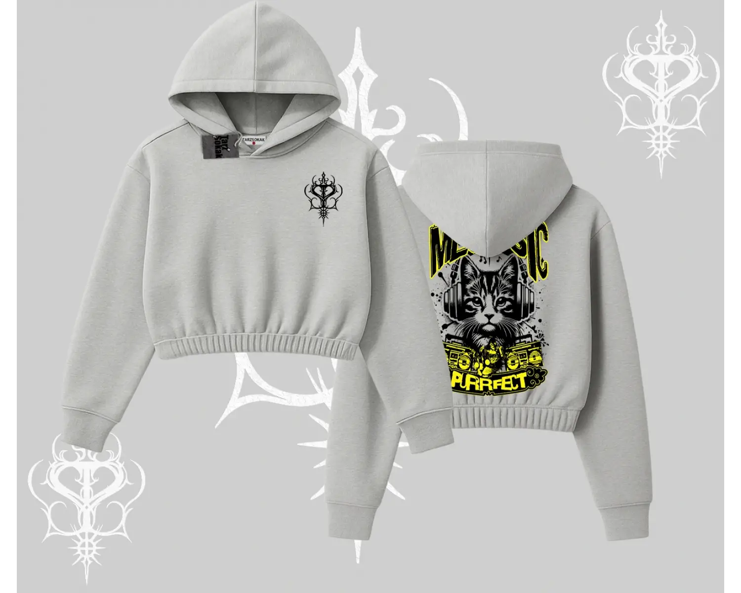 Meowsic Purrfect Kedi Arka Baskılı Kapşonlu Crop Sweatshirt